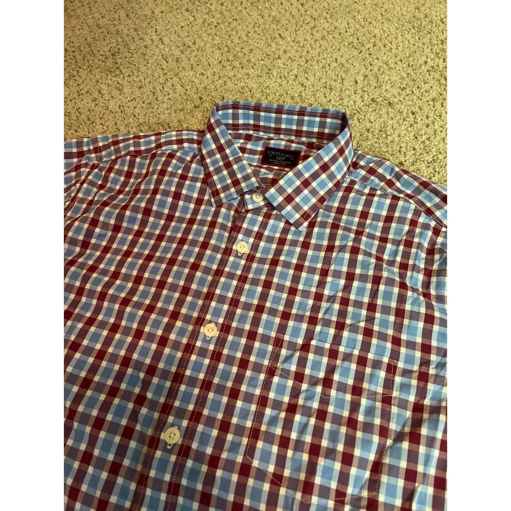 UNTUCKit Mens Button Down Shirt Large Red Blue Gingham Plaid Short Sleeve Nylon